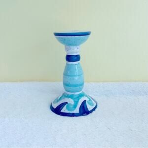 Vtg Blue Candlestick Candle Holder Decor Ocean Nautical Wave